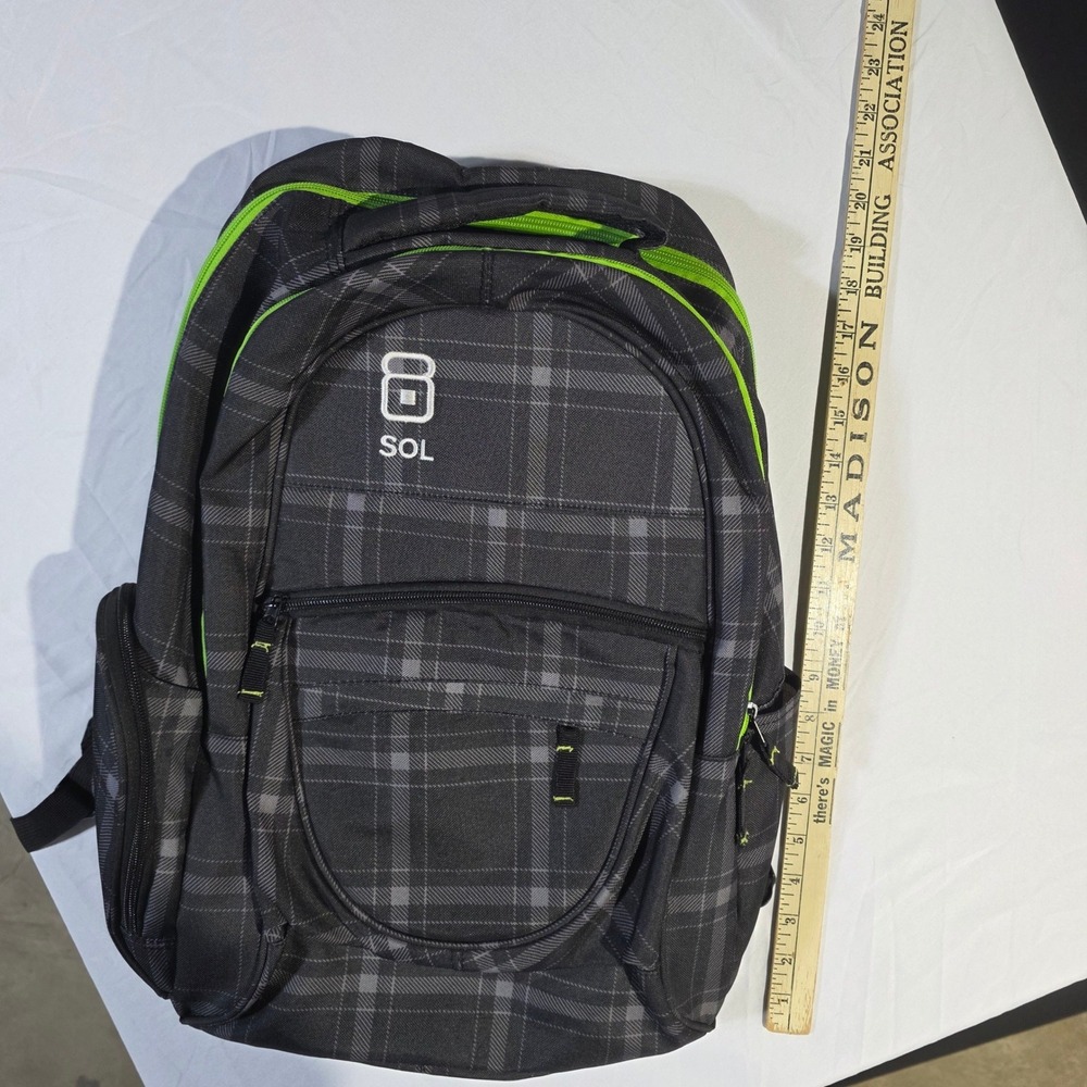 SOL Grey Black Plaid Backpack Neon Green Trim Multi Pocket Laptop Bag - Picture 4 of 5